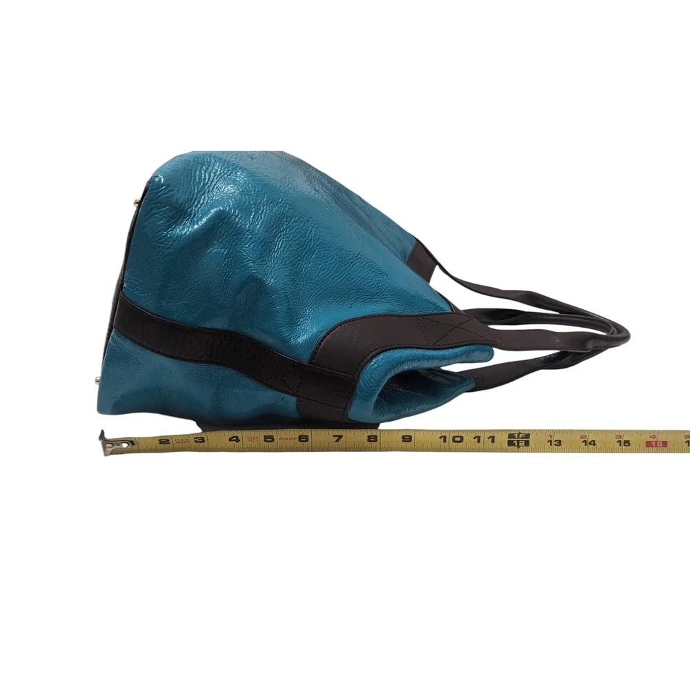 Kate Spade New York Teal Blue Crinkled Patent Leather‎ Brown Trim Tote Bag
